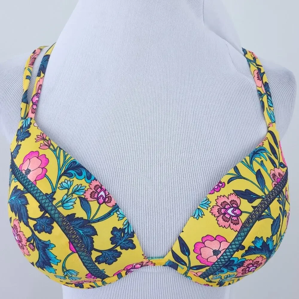 Shade & Shore Yellow Floral Bikini Size 34D Braided Racerback Detail Swimsuit